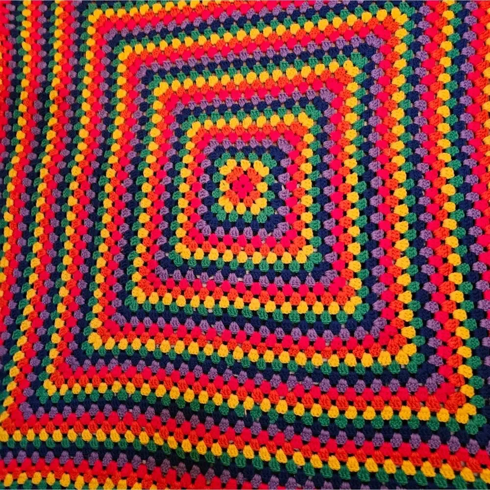 Vintage Handmade Granny Square Crochet Afghan Throw Blanket Rainbow 49 in